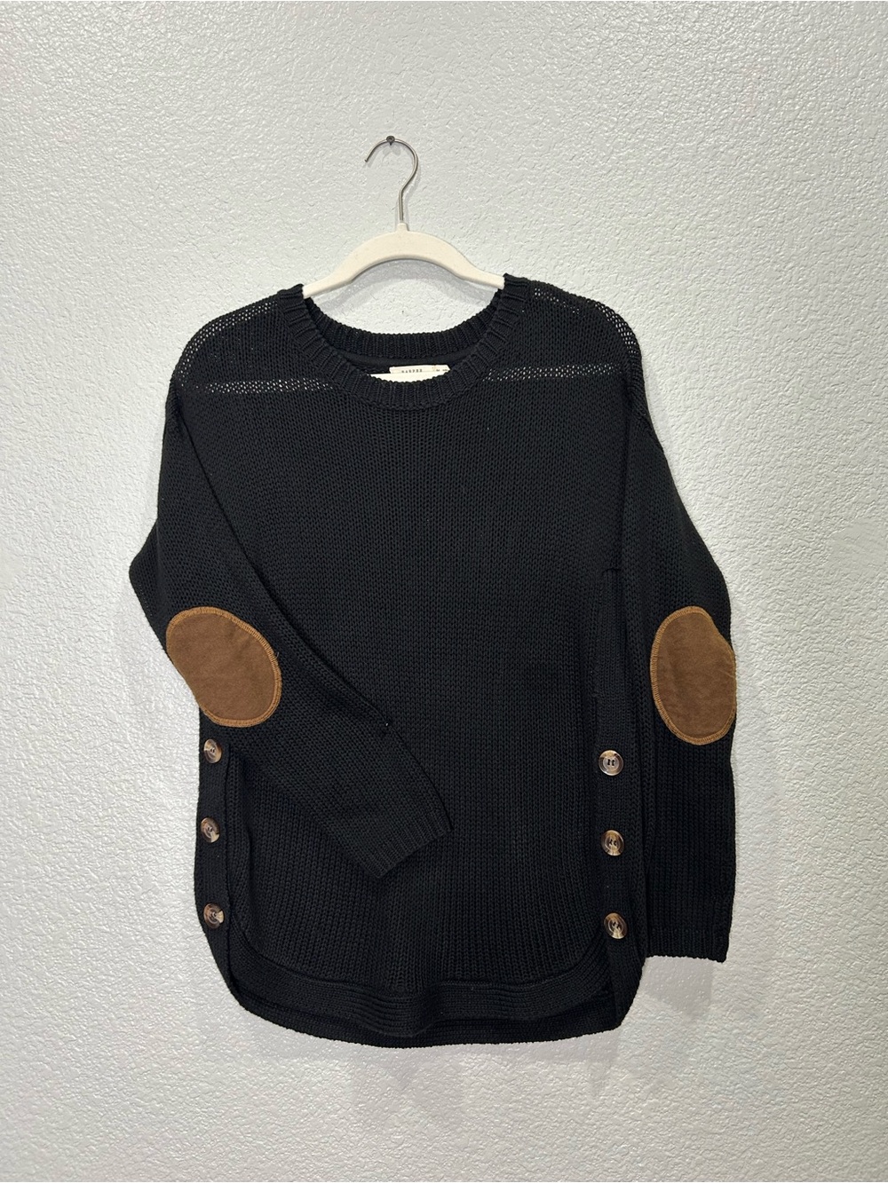 Black Crewneck Sweater with Brown Elbow Patches and Buttoned Sides
